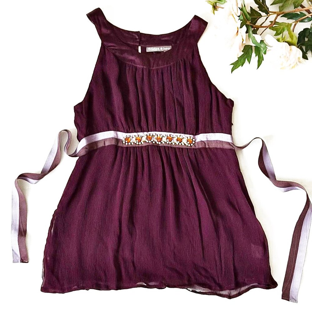 TRISTAN & YSEUT Size Small Purple Sleeveless Halter Neck Empire Waist Beaded Top